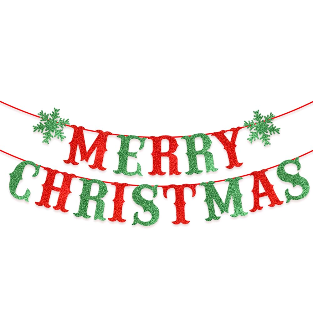 Yahpetes Merry Christmas Banner Red & Green Glittery Christmas Bunting Garland Snowflake Party Supplies Christmas Party Set for Home Outdoor Indoor Holiday Fireplace Mantel