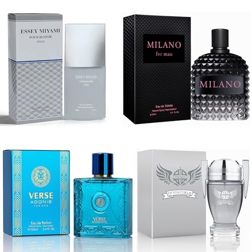 META-BOSEM Mens Cologne Set, EDP, 4 Pack (3.4 oz / 100 mL), VerBlue, Invincible, Valentine for Men, Essey Miyami, Summer Travel Blue, for commute, summer days and travel