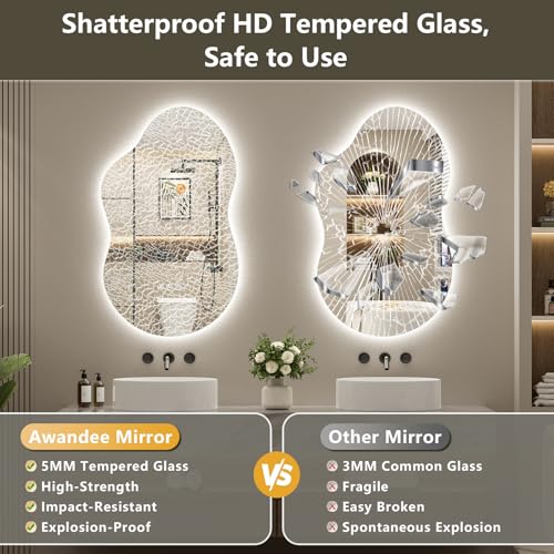 Image of 60x32 Inch Asymmetrical LED Bathroom Mirror with Lights, Backlit, Anti-Fog, Irregular Cloud Lighted Bathroom Vanity Mirror for Wall, Dimmable, 3 Colors, Memory, HD Tempered Glass