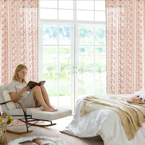 Image of Boho Farmhouse Curtains for Living Room 2 Panels,Linen Floral Fall Curtains 90 Inches Long,Privacy Country Vine Pattern Bedroom Curtain,Let Light in Window Drapes Beige