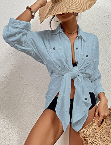 Image of Bsubsach Button Down Swimsuit for Women Sweatshirt Dress with Ruffled Sleeves Beach Shirt