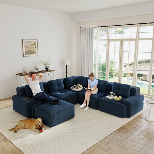 Image of 116.1 inch Modular Sectional Boneless Sofa with 5-Seater, V-Shaped Corner Deep Seat Sofa for Living Room, Big Comfy Cloud Couch with 2 Movable Ottomans, Corduroy Fabric, No Assembly, Blue