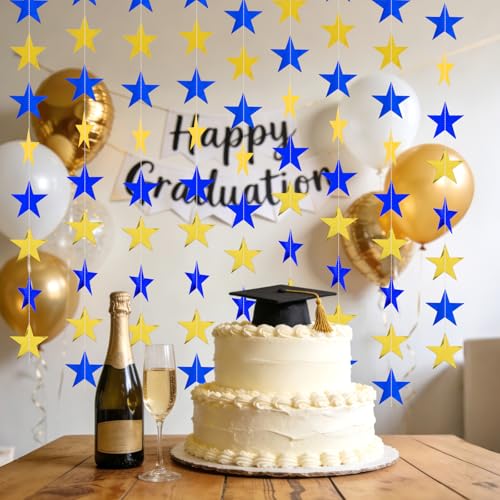 Image of Glitter Star Garland Banner Decor 130 Feet Gold Blue Star Garland Hanging Bunting Banner Backdrop for Graduation Wedding Birthday Holiday Party