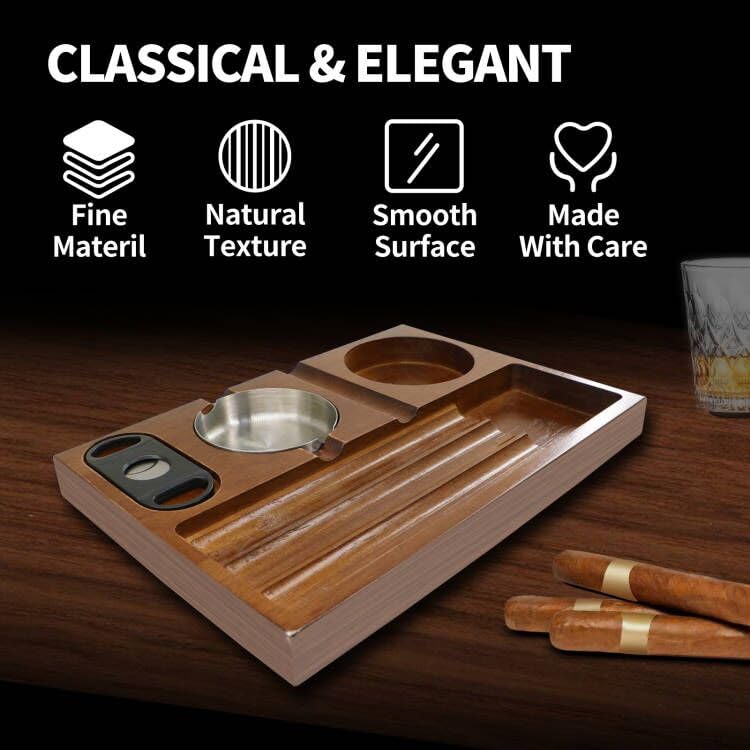 Posacenere in legno per sigari con 4 scomparti e cassetto staccabile - Crefun CK4831, design compatto per auto/ufficio/golf, accessori per sigari da uomo per papà e marito
