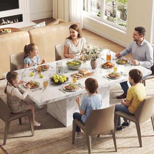 Image of HSH 63 inch White Faux Marble Dining Table for 6, Rectanguler Dining Room Table
