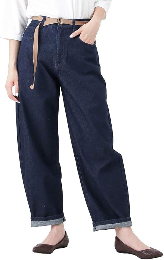 Amazon ワイドパンツ レディース カーブパンツ デニム ベルト付きデニムカーブパンツ ジーンズ ベルト付き Gl 1230713 ネイビー L ジーンズ 通販