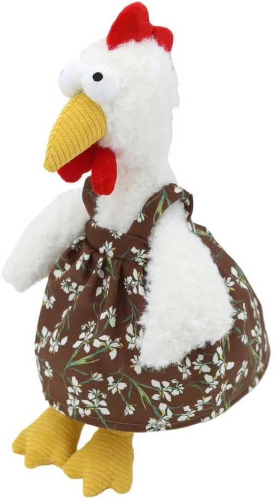 Plush White Chicken Stuffed Animal with Floral Brown Dress 11 Inch Soft Toy Doll for Kids and Adult Collectors Perfect for Decorating Rooms and Birthday Gifts