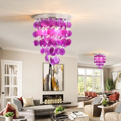 YLKP Modern Chandelier Crystal Shell,Semi Flush Mount Purple Girl Chandelier, LED Ceiling Light Fixture Bedroom Bathroom Closet Nursery 3 Lights
