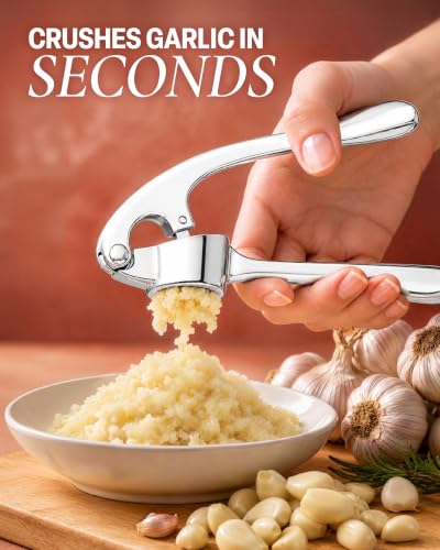 Image of Zulay Kitchen Premium Garlic Press Set - Rust Proof Professional Garlic Mincer Tool - Easy-Squeeze, Easy-Clean with Soft, Ergonomic Handle - Silicone Garlic Peeler & Brush (Chrome)