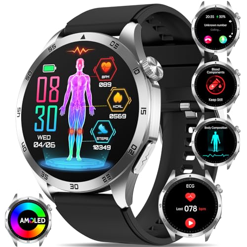 YYKY Montre Connectée Hommes Femmes 𝐄𝐂𝐆+𝐇𝐑𝐕 1.43" AMOLED Santé Tensιon Artérιelle/Acιde urιque/BMI Montre Intelligente Fonction Téléphone/SOS d'urgence/24H Fréqυence cardιaqυe/SPΘ2
