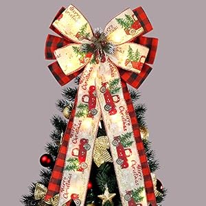Christmas Tree Topper Bow with 30 LED Lights Decorations, 13”x25” Xmas Large Red Black Buffalo Plaid Rustic Farmhouse Wreath Bows with Truck Berries Pine Cones Pine Needles for Front Door Outdoor Christmas Tree Topper Bow with 30 LED Lights Decorations 13×25 Xmas Large Red Black Buffalo Plaid Rustic Farmhouse Wreath Bows with Truck Berries Pine Cones Pine Needles for Front Door Outdoor
