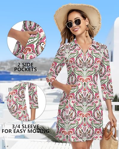 Image of WOWENY 3 /4 Sleeve Dress for Women with Pockets V Neck UPF 50+ Casual Sun Dress Breathable Quick Dry Beach Vacation