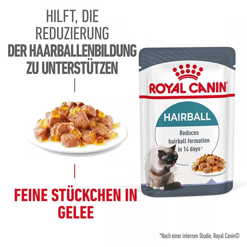 Royal Canin FCN Hairball Care Jelly | 12 x 85 g | Alleinfuttermittel für ausgewachsene Katzen (feine Stückchen in Gelee) | Kann zur Verringerung der Bildung von Haarballen beitragen