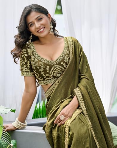 Image of SIRIL Women's Shimmer Silk Sequence Embroidery Lace two Tone Saree With Embroidery Unstitched Blouse Piece