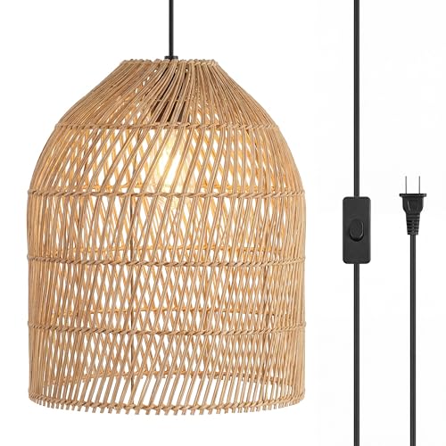 JONATHAN Y 13' Brown 1-Light Rattan Swag Pendant Light, Farmhouse Coastal Bohemian Lantern...