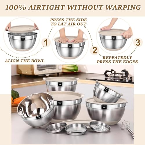 Image of Stainless Steel Mixing Bowls with Lids Set, 3 Grater Attachments, Airtight Lids, Non-Slip Silicone Base Mixing Bowl Set, Large Prep Metal Mixing Bowls for Kitchen, Khaki