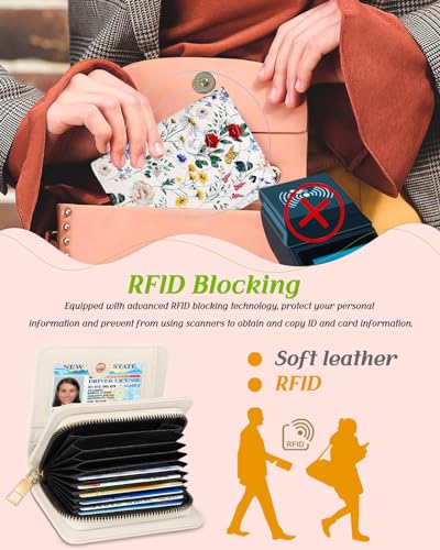 Image of Bistup Leather 12 Slot Accordion Card Holder Wallet, Vintage Flower | Accordion Storage, Zipper Around Closure, Compact Patterned Wallet for IDs, Cards, Cash, Daily Carry and Gifts