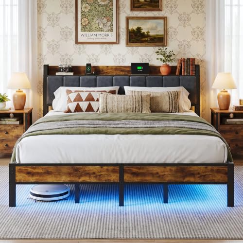 Image of Liians King Bed Frame with Storage Headboard and Charging Station | LED Lights, Metal Platform Bed, Noise Free, No Box Spring Needed, Easy Assembly