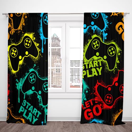 DOTOOMA Neon Gamepad Modern Gaming Curtains Start Play Teen Boys Video Game Room Nursery Bedroom Living Room Window Decor Polyester Fabric Supplies 41 x 82 Inch Window Drapes 2 Panels