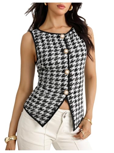 MakeMeChic Womens Houndstooth Button Down Tank Tops Sleeveless Work Vest Wasitcoat Black and White Large
