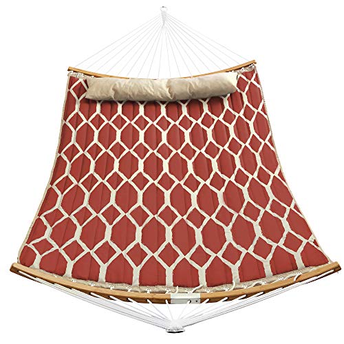 SONGMICS Hammock, Quilted Hammock with Curved Bamboo Spreaders, Pillow, 78.7 x 55.1 Inches, Portable Padded Hammock Holds up to 495 lb, Red and Beige Rhombus UGDC034R02