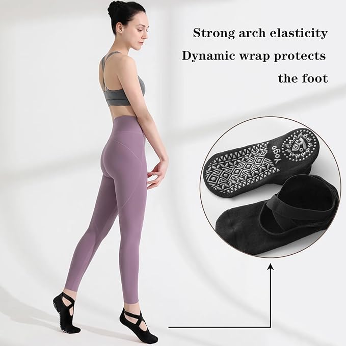 Women’s Non-Slip Grip Yoga Socks – Padded Cotton Pilates, Barre, Ballet, PiYo Floor Socks with Cross Strap Design (IN, Alpha, M, 1, BLACK) - Image 9 thumbnail