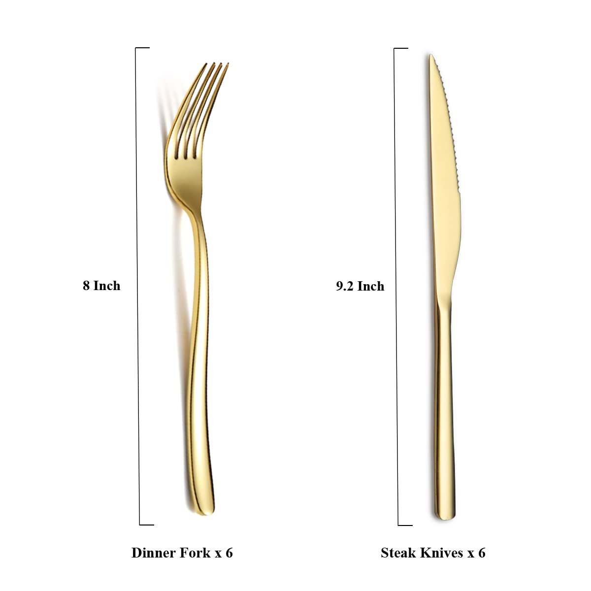 Gold Steak Knives Set 12 Piece, Premium Stainless Steel 6 Dinner Forks and 6 Dinner Knives Set, Steak Knives Steak Forks for 6 Person, Dishwasher Safe (Shiny Gold)