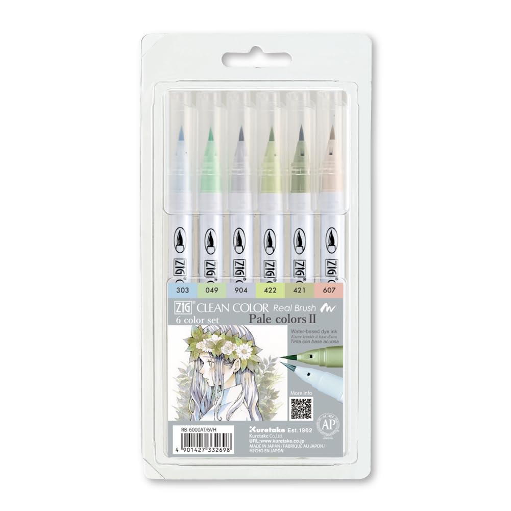 Kuretake ZIG Clean Color Real Brush Pen Set of 6 Pale Cold Colors Japan