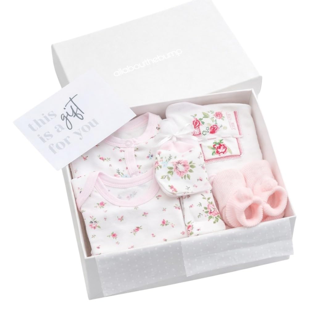 Floral Baby Gift Hamper for Girls – Newborn Baby Girl Gift Box with Babygrow, Vest, Bib, Hat, Mittens & Booties – Baby Shower Gift Set (0-3 Months)