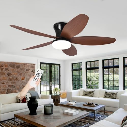 Ventilador De Techo Con Luz Silencioso Y Mando A Distancia, LED Regulable Lampara Ventilador Techo Dormitorio, 3CCT/6 Velocidades, DC Motor,Temporizador Para Dormitorio Salón-Black+WoodGrain||42in