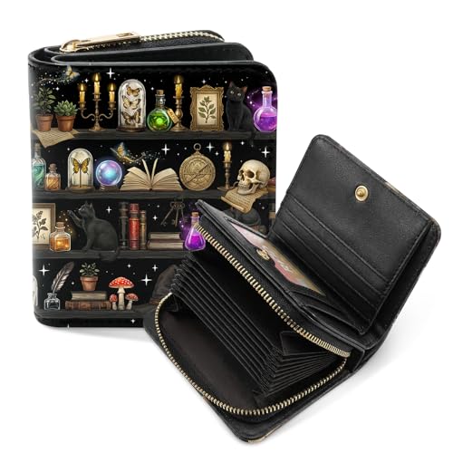 RTTLALUO Goth Womens Wallet Goth Book Shelf Acoordion Wallet For Women Gothic Skull Card Holder Purse Birthday Gothic Graduation Gifts For Women Lady Womens Gift