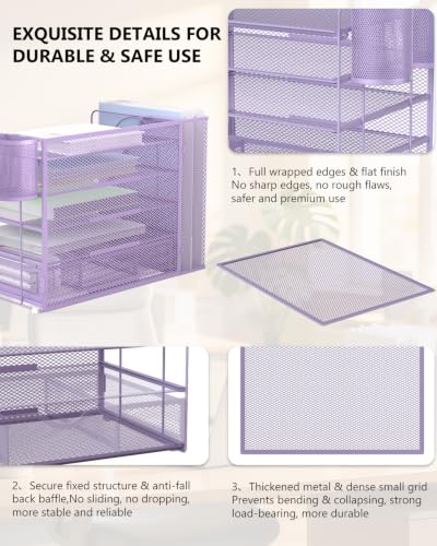 Image of WALI Desk File Organizer, 5 Tier Desktop Paper Letter Tray Organizer with Drawer and 2 Pen Holders, Office Desk Accessories & Workspace Organizers for Office, Home Supplies(DO006DH-V), 1 Pack, Purple