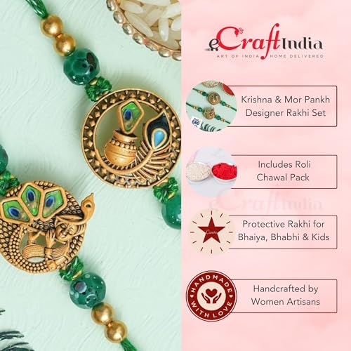 Image of eCraftIndia Krishna Playing Flute Dahi Handi Flute Mor Pankh Rakhi Set of 2 | Rakhi for Brother Bhaiya Bhai with Best Bro Ever Fridge Magnet | Roli Chawal Pack