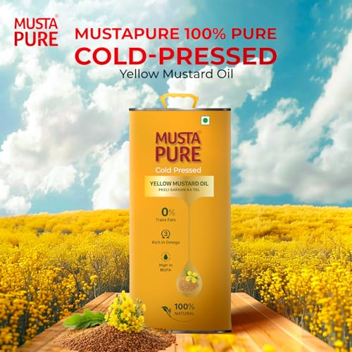 Image of Musta Pure Cold Pressed Yellow Mustard Oil 5 Litre Cooking Oil, Unrefined, Naturally Cholesterol Free, A1 Grade Real Mustard Seeds For Natural Aroma & Flavour For Roasting, Frying, Baking - Tin