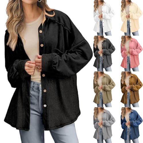 Womens Lightweight Jackets Waffle Knit Shirt Jacket Fall Fashion Button Down Shirt Jacket Loose Fit Long Sleeve Tops3