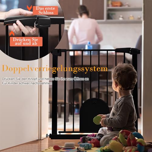 Aufun Treppenschutzgitter Türschutzgitter Kinder ohne Bohren, für 75-85 cm breit, Türgitter mit Druckbefestigung, selbstschließend, Metall Gitter, Hundesicherheitsgitter mit Katzenklappe (Schwarz)