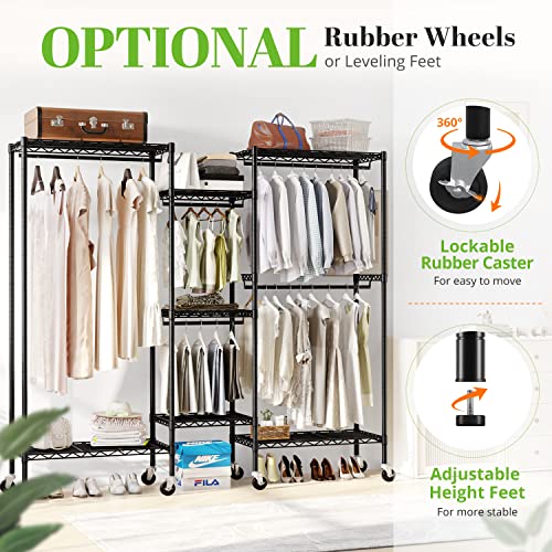 Hokeeper Heavy Duty Rolling Wire Garment Rack With Rubber Wheels, Metal Clothing Rack For Hanging Clothes Freestanding Closet Organizer Portable Clothes Rack Wardrobe With 7 Shelves & 5 Hanging Rods #TOP2