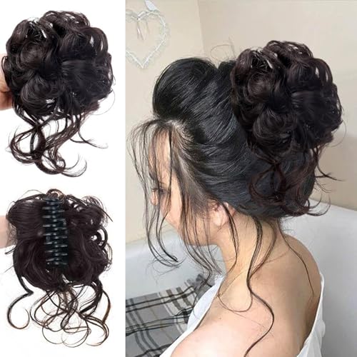 Nevoluxer Postiche à clipser en cheveux synthétiques naturels pour chignon bouclé (marron-noir), postiche chignon volumineux, extensions pour mariages, fêtes et quotidien, postiches cheveux humains