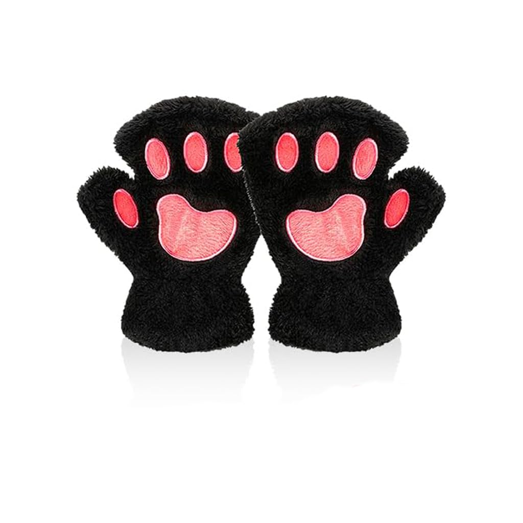 Cat Paws Gloves for Women Winter Wear Warm Plush Hand Gloves for Bike, Cute Fingerless Hand Gloves Cosplay Costumes for Women Girls All Season Use (Black)