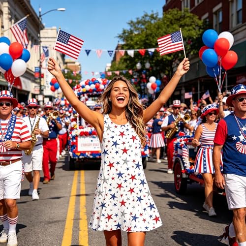 Image of Roshop Womens Juneteenth Flag Sleeveless Dress 4th of July Patriotic Swing Sundress with Pockets