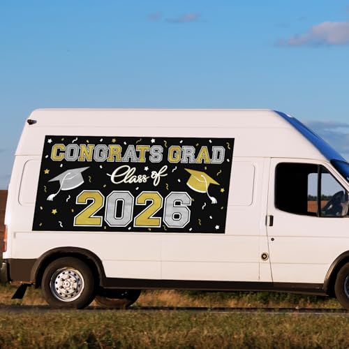 Image of 2026 Graduation Party Plastic Backdrop - 65 inch x 32.7 inch Congrats Grad Banner in Black, Large Class of 2026 Decorations, Photography & Grad Party Supplies