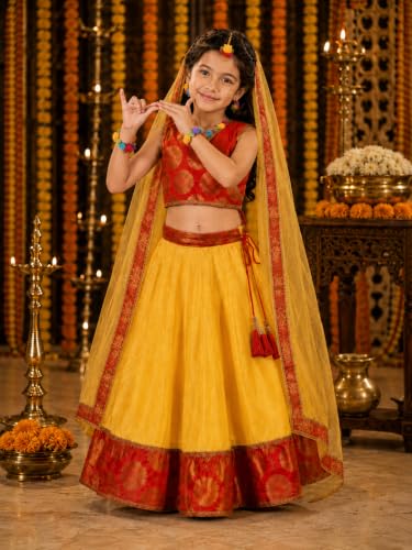 Image of Sarvda Krishna & Radha Dress for Kids - Complete Janmashtami Costume Sets with Dhoti /Lehenga, Mukut, Mor Pankh, Bansuri & Accessories | Fancy Dress for Baby Boys & Girls