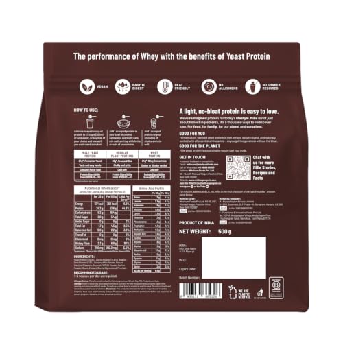 Image of Mille Dark Chocolate Yeast Protein Powder (NEW LAUNCH) | 24g Protein /Scoop | NO BLOAT | NO Added Sugar | Fermented Yeast Protein Powder | Vegan | Has All 9 Essential Amino Acids | No Adulteration | 500g