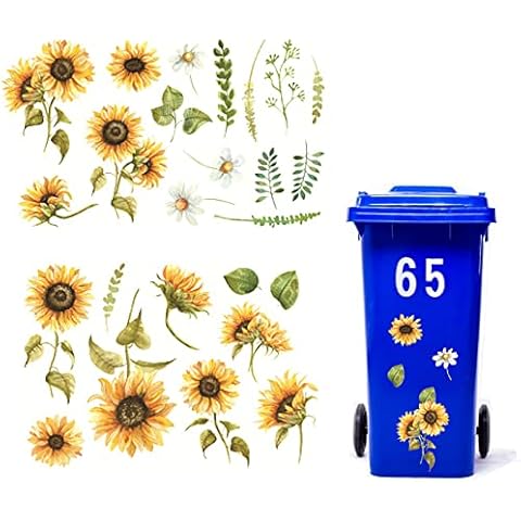 Wheelie Bin Stickers, Sunflower Dustbin Sticker Waterproof Reflective Number Flower Stickers Self-adhesive for Wall, Door, Bin, Fridge 3Pcs Cover