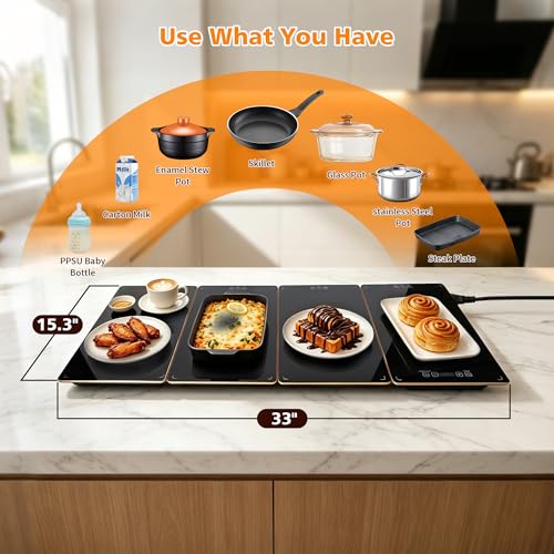 Image of Electric Food Warming Tray, 4-in-1 Buffet Food Warmer with 8 Temperature Settings & Timer, 33 inch x 15 inch Tempered Glass Warming Mat for Parties, Modular Hot Plate for Catering & Events (Black)