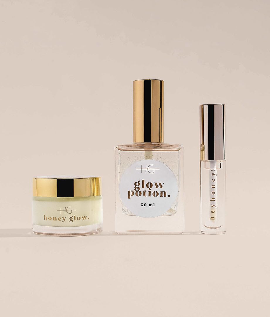 Feuchtigkeitsspendendes HoneyGlow Set | Ultra-feuchtigkeitsspendende Creme mit Miel & Ceramiden SPF15 (50ml), Glow Potion Trockenöl mit 10 Pflanzenölen (50ml) & HeyHoney Lip Serum (10ml)