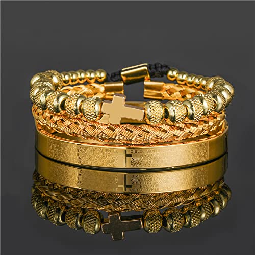 Rintoler 3Pc Stainless Steel Bracelets For Men Gold Roman Numeral Men's Imperial Crown Twisted Cable Bangle Bracelet #TOP3