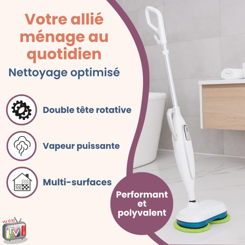 VENTEO - Balai Vapeur Rotatif Double Tête | Nettoyeur Vapeur Haute Température | Balai Serpillière Microfibre pour Sol Carrelage Parquet | Nettoyage Désinfection Décolle Saletés Tenaces Sans Effort