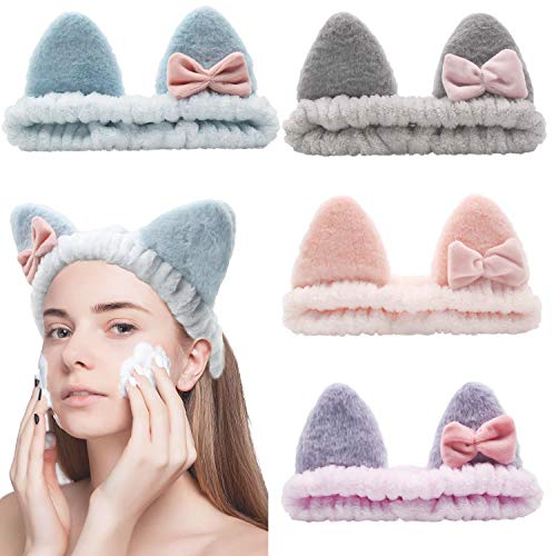 Makeup Headband 4 Pack Bow Hair Band Women Cat Ears Facial Spa Headband Soft Carol Fleece Hair Stuff Hairlace Party Favors Skincare Headbands for Girls Washing Face Shower Mask (Blue,Purple,Pink,Gray)
