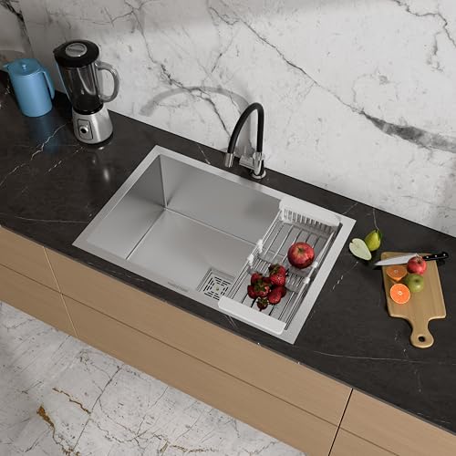 Image of HARDSTONE Premium Kitchen Sink | Single Bowl 24x18x9 Inch | Grade Stainless Steel Matte Finish | Handmade Heavy Duty Wash Basin for Modern Homes | Includes Waste Pipe, Coupling & Basket | Silver